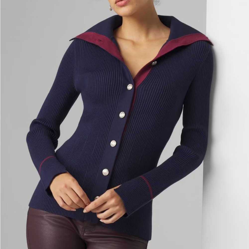 NWT - WHBM Long Sleeve Contrast Color Cardigan - Officer Blue